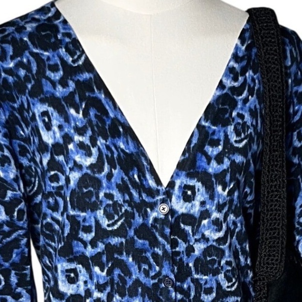 Merino Wool Leopard Cardigan Talbots Blue Black Animal‎ Print Classic Women L - Picture 5 of 13